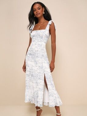 Lulus Summer Invite White And Blue Toile Tie-strap Tiered Midi Dress - Size L